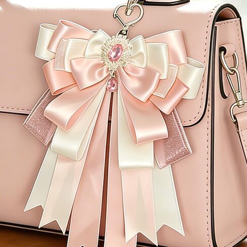 Pink Double Layer Ribbon Keychain Charms for Handbags Kawaii Key Chain Women Backpack Keychains for Women Cute Tote Bag Charms Keychain Accessories Key Chains Bow Bag Charm for Backpacks Purse Charm in Saudi Arabia