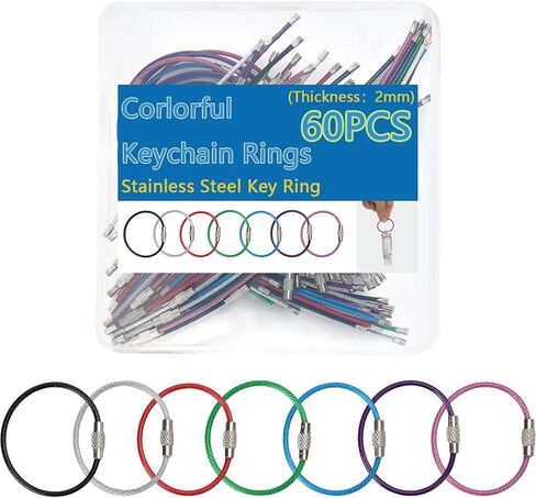 60PCS Wire Keychain Cable, Stainless Steel Colored Key Rings Loops, Key Chain Rings with Storage Box for Hanging Luggage Tags Keys ID Tags Keepers Connectors in Kuwait