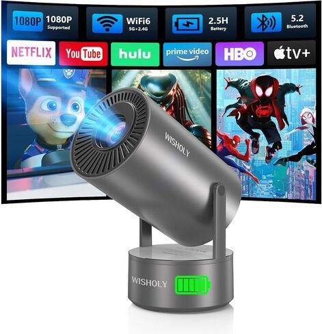Projector with WiFi and Bluetooth, Mini Portable Projector with Built-in Rechargeable Battery for Outdoor, 1080P Supported, Electric Focus & Auto Keystone, Home Theater with 210° Mount in Kuwait