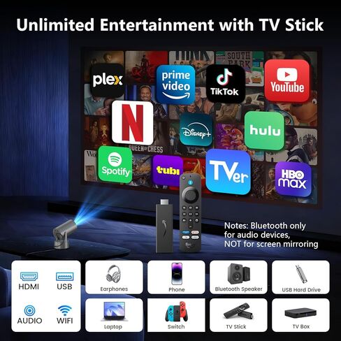 Projector with WiFi and Bluetooth, Mini Portable Projector with Built-in Rechargeable Battery for Outdoor, 1080P Supported, Electric Focus & Auto Keystone, Home Theater with 210° Mount in Kuwait