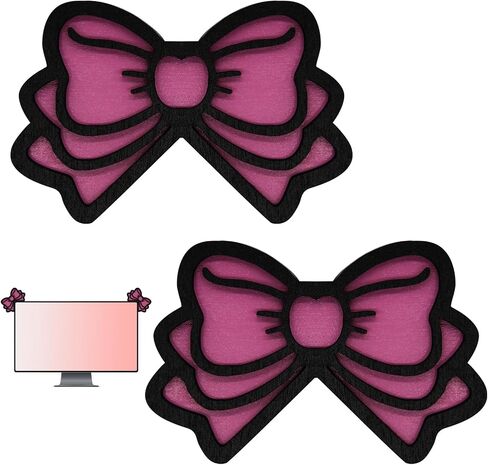2Pcs Computer Monitor Decor, Pink Bow 3D Wood Decorations for Women Cute Mini Computer Accessories Stylish Design, Wood Material with Glue Office Decoration in Saudi Arabia
