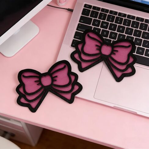2Pcs Computer Monitor Decor, Pink Bow 3D Wood Decorations for Women Cute Mini Computer Accessories Stylish Design, Wood Material with Glue Office Decoration in Saudi Arabia