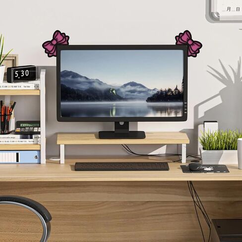 2Pcs Computer Monitor Decor, Pink Bow 3D Wood Decorations for Women Cute Mini Computer Accessories Stylish Design, Wood Material with Glue Office Decoration in Saudi Arabia