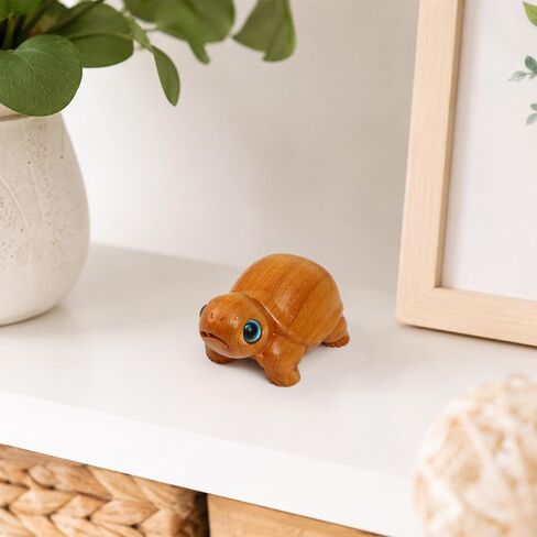 Wooden Turtle Decor Figurine - Mini Tortoise with Blue Eyes, Carved Decorative Collectible Desk Decor, Miniature Statue, Small Sea Ornament Gift, Inspirational Birthday Presents for Women Men Lovers in Saudi Arabia