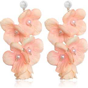Handmade Bohemian Pearl Fabric Flower Dangle Drop Earrings Lightweight Summer Floral Stud Earrings For Women in Saudi Arabia