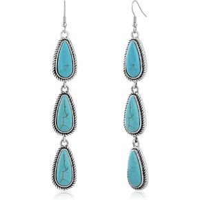 Large Long Boho Silver Turquoise Teardrop Western Country Earrings Drop Dangle Vintage Stone Bohemian Statement Earrings for Women Cowgirl in Saudi Arabia