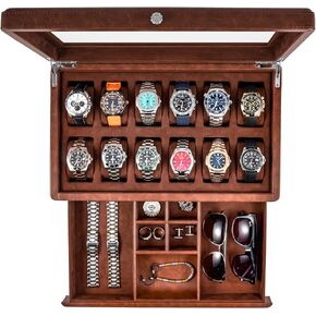 Awesometik 12 Slot LUXURY Faux Leather Watch Box Organizer. Real Glass Top. Watch Display & Watch Holder for Men. Watch Collection, Protection. For Men Ready to Gift (12 Slot Watch Box with Drawer) in Saudi Arabia