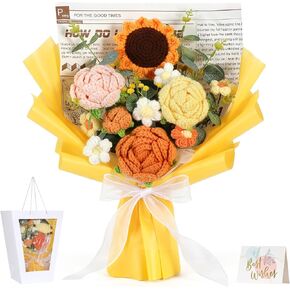 Lewondr Crochet Flower Bouquet, Pink Handmade Knitted Flowers, Crochet Rose Calla Flower for Valentines Day Anniversary Birthday Mother's Day Graduation Gifts, Includes Gift Bag and Greeting Card in Saudi Arabia