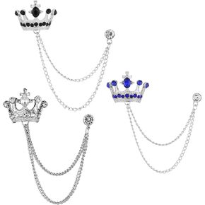 3pcs Vintage Crystal Chain Brooches,Collar Lapel Pins for Men, Rhinestone Crown Brooch with Chain,Shirt Decoration Metal Clips Women Tuxedo Tie Hat Scarf,Elegant Tuxedo Brooches for Wedding in Saudi Arabia