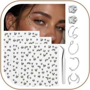 MODRSA Mix Fake Piercings Balls Star Heart Stick on Face Jewelry Temporary Fake Nose Stud Hoop Eyebrow Lip Medusa Labret Ear Stud Silver Self Adhesive Non Piercing for Halloween Y2K Hip Hop Accessory in Saudi Arabia
