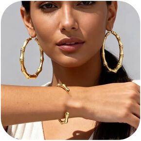 A 2-Piece Set of Large Golden Bamboo Hoop Earrings and Bracelet - 90s Style Hip-Hop Jewelry for Women, Suitable for Both Parties and Daily Wear in Saudi Arabia