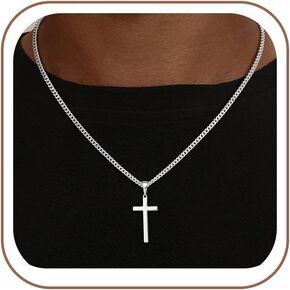 HIMSTORY 925 Sterling Silver Cross Necklace for Men, 3.5MM Diamond Cut Cuban Link Chain Silver Cross Necklace Christian Gifts for Boyfriend Father Husband in Saudi Arabia