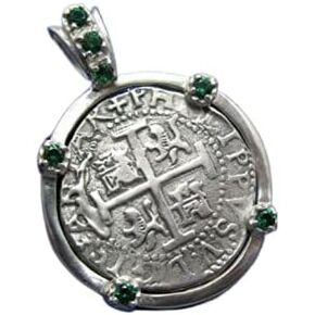 Nautical Sterling Silver Embellished Shipwreck "4 Reale" Pirate Treasure Coin Replica Pendant Necklace with Green Emerald Synthetic Gemstones in Saudi Arabia