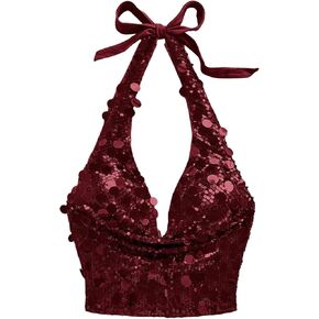 OYOANGLE Women's Sequin Sparkly Halter Tops Sleeveless Draped Tie Backless Party Rave Crop Top in Kuwait