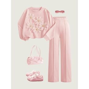 2-Pack Girls Stylish Floral Crewneck Long-Sleeve Sweatshirt & Loose Casual Pants Set in Kuwait