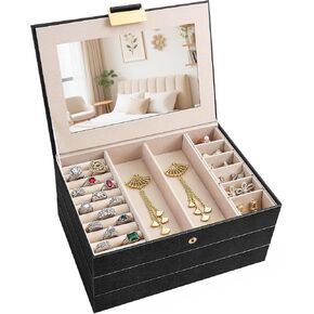 Jewelry Boxes for Women, 3-Layer Jewelry Storage Box Design, Perfect for Women and Girls to Store Necklaces, Rings, Bracelets, Earrings, Watches (Black) in Saudi Arabia