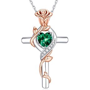 Iefil Rose Cross Necklace for Women - 925 Sterling Silver Birthstone Necklace, Anniversary Birthday Gifts for Women Wife Mom Girlfriend in Kuwait
