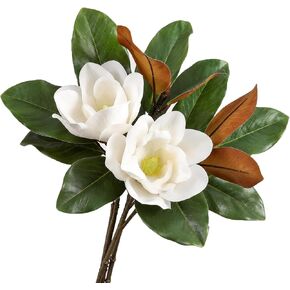 5Pcs Faux Magnolia Leaves and Flowers Set, Realistic Magnolia Stems, Flocked Faux Leaves Floral Picks Artificial Forever, for Indoor Outdoor Vase Filler in Saudi Arabia