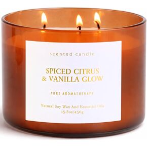 Spiced Citrus & Vanilla Glow Scented Candle | 3-Wick Large Soy Candle 15.8 oz | Highly Scented Cinnamon Aromatherapy Candle for Women & Men | Warm Cozy Home Scent | Clean Burn Long Lasting in Saudi Arabia