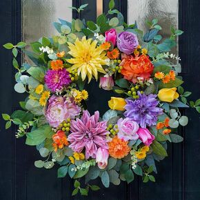 24 Inch Spring Summer Wreaths for Front Door Outside, Luxury Colorful Seasonal Floral Wreath with Chrysanthemums Roses Tulips & Berries, Faux Spring Summer Door Wreath for Outdoor Home Decor in Saudi Arabia