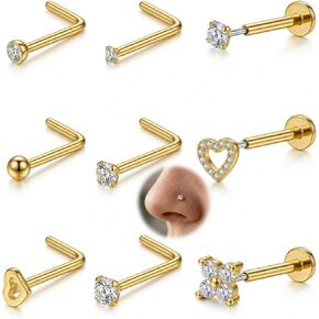 AceFun L Shape Nose Stud Flat Back 18G Threadless Gold Nose Stud for Women Men 316L Stainless Steel CZ Diamond Heart Ball Helix Tragus Piercing Jewelry Nostril Studs 9 Pieces Set in Saudi Arabia