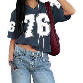 Jersey Shirts for Women Mesh Crop Sports Tshirts V-Neck Short Sleeve T-Shirt Number Casual Streetwear Tops in Saudi Arabia
