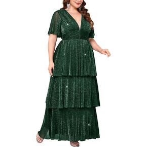 Plus Size Formal Evening Gown Glitter V Neck Ruffle Sleeve Elegant Flowy Tiered Maxi Wedding Guest Party Dress in Saudi Arabia