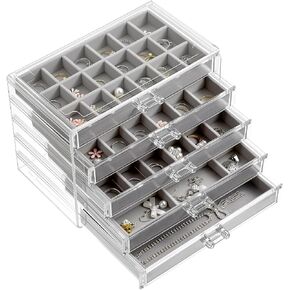 5 Drawer Acrylic Jewelry Organizer with Velvet Trays, Clear Earring Holder Grey Elegant Display Box for Women for Rings Studs and More in Saudi Arabia