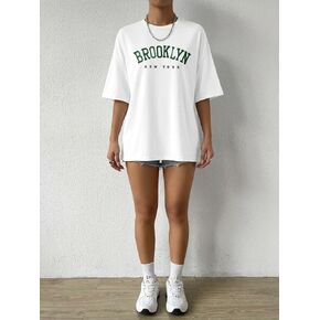 Casual Oversized Brooklyn Graphic Tee, Short Sleeve Crew Neck Loose Fit T-Shirt for Summer Streetwear in Kuwait