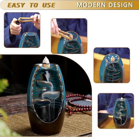 Ceramic Waterfall Backflow Incense Burner, 5.1", with 30 Cones | Left & Right Flowing, Zen Aromatherapy, Home Decor for Meditation Yoga Bedroom Spa in Kuwait