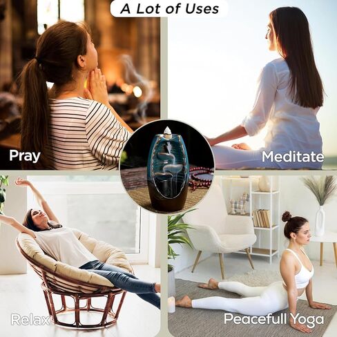 Ceramic Waterfall Backflow Incense Burner, 5.1", with 30 Cones | Left & Right Flowing, Zen Aromatherapy, Home Decor for Meditation Yoga Bedroom Spa in Kuwait
