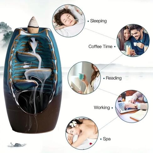 Ceramic Waterfall Backflow Incense Burner, 5.1", with 30 Cones | Left & Right Flowing, Zen Aromatherapy, Home Decor for Meditation Yoga Bedroom Spa in Kuwait