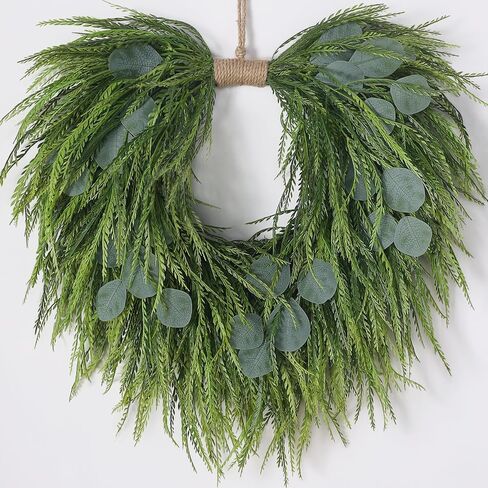 Artificial Saw Grass & Eucalyptus Wreath for Front Door, 22" Faux Saw Grass Fake Eucalyptu Greenery Hanging Heart Shaped Wreath for Wall, Farmhouse, Window,Home Decor | Spring Summer in Saudi Arabia