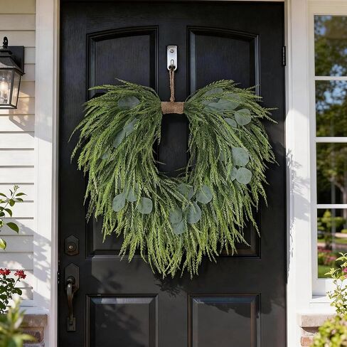Artificial Saw Grass & Eucalyptus Wreath for Front Door, 22" Faux Saw Grass Fake Eucalyptu Greenery Hanging Heart Shaped Wreath for Wall, Farmhouse, Window,Home Decor | Spring Summer in Saudi Arabia