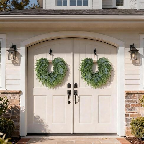 Artificial Saw Grass & Eucalyptus Wreath for Front Door, 22" Faux Saw Grass Fake Eucalyptu Greenery Hanging Heart Shaped Wreath for Wall, Farmhouse, Window,Home Decor | Spring Summer in Saudi Arabia