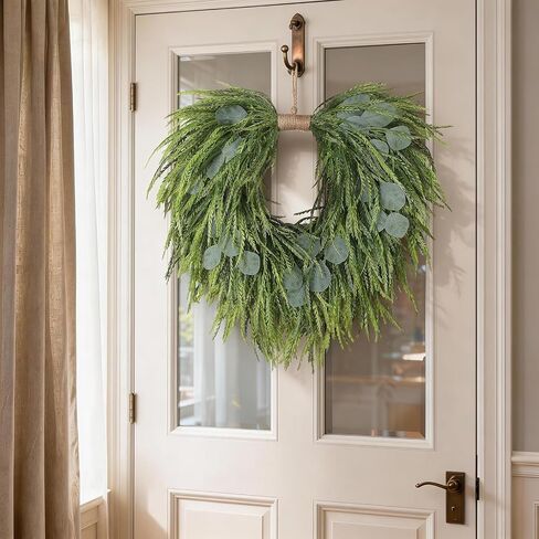 Artificial Saw Grass & Eucalyptus Wreath for Front Door, 22" Faux Saw Grass Fake Eucalyptu Greenery Hanging Heart Shaped Wreath for Wall, Farmhouse, Window,Home Decor | Spring Summer in Saudi Arabia