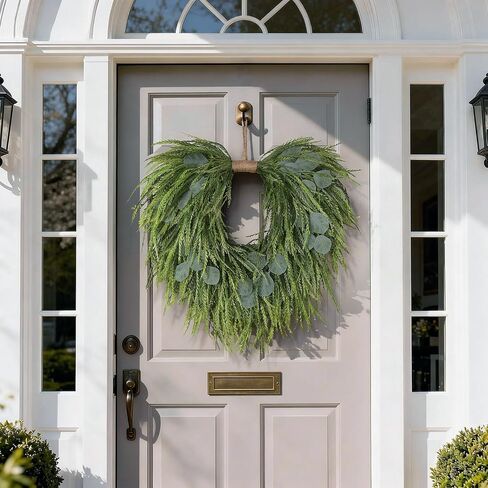 Artificial Saw Grass & Eucalyptus Wreath for Front Door, 22" Faux Saw Grass Fake Eucalyptu Greenery Hanging Heart Shaped Wreath for Wall, Farmhouse, Window,Home Decor | Spring Summer in Saudi Arabia