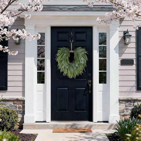 Artificial Saw Grass & Eucalyptus Wreath for Front Door, 22" Faux Saw Grass Fake Eucalyptu Greenery Hanging Heart Shaped Wreath for Wall, Farmhouse, Window,Home Decor | Spring Summer in Saudi Arabia