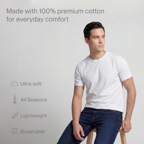 KHOR Mens T-Shirts - Premium 100% Cotton Crew Neck Tee, Classic Tee, Ultra-Soft, Breathable, Everyday Essential, White, XL in Kuwait