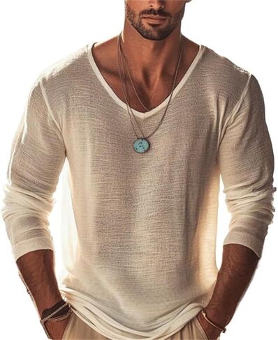 Men's T Shirt Long Sleeve Shirt V Neck Summer Spring Plain Basic Classic Vacation Street Going Out Black Tee for Men in Saudi Arabia