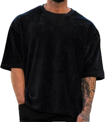 Men's Corduroy Loose T Shirt Summer Crewneck Cotton Running Loose Short Sleeve in Kuwait
