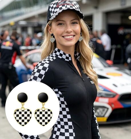 Racing Earrings, 1Pair Heart-Shaped Checkered Earrings for Women for Racing Fans Race Day Gift (1.18 * 0.62 inch) in Saudi Arabia