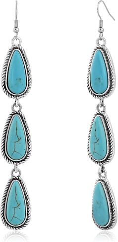 Large Long Boho Silver Turquoise Teardrop Western Country Earrings Drop Dangle Vintage Stone Bohemian Statement Earrings for Women Cowgirl in Kuwait