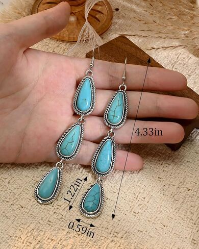 Large Long Boho Silver Turquoise Teardrop Western Country Earrings Drop Dangle Vintage Stone Bohemian Statement Earrings for Women Cowgirl in Kuwait