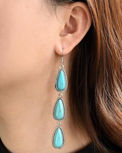 Large Long Boho Silver Turquoise Teardrop Western Country Earrings Drop Dangle Vintage Stone Bohemian Statement Earrings for Women Cowgirl in Kuwait