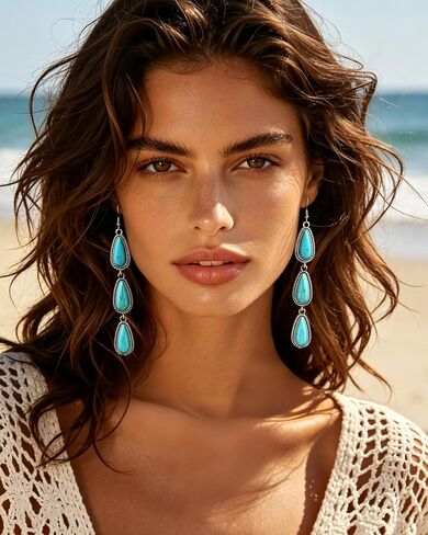 Large Long Boho Silver Turquoise Teardrop Western Country Earrings Drop Dangle Vintage Stone Bohemian Statement Earrings for Women Cowgirl in Kuwait