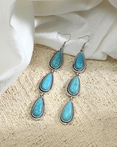 Large Long Boho Silver Turquoise Teardrop Western Country Earrings Drop Dangle Vintage Stone Bohemian Statement Earrings for Women Cowgirl in Kuwait