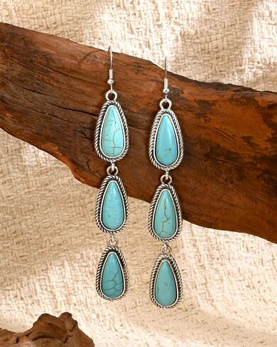 Large Long Boho Silver Turquoise Teardrop Western Country Earrings Drop Dangle Vintage Stone Bohemian Statement Earrings for Women Cowgirl in Kuwait