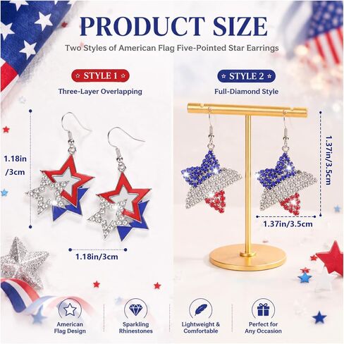 4th of July Patriotic Earrings,Independence Day Stud Dangle Drop Earrings Star American Flag Earring with Pave Crystal Holiday Jewelry Gift for Women in Saudi Arabia