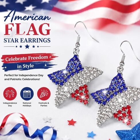 4th of July Patriotic Earrings,Independence Day Stud Dangle Drop Earrings Star American Flag Earring with Pave Crystal Holiday Jewelry Gift for Women in Saudi Arabia